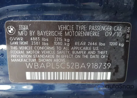 2011 BMW 335I xDrive из США, поврежденный, VIN WBAPL5C52BA918739